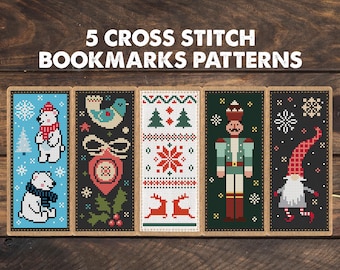 5 Christmas Bookmark  Cross Stitch Patterns, set of bookmarks embroidery, present for reading geek, library decor, crafty reader book worm