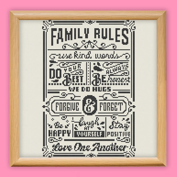 Family Rules 1 Cross Stitch Pattern, Monochrome Quote Embroidery, Text Sampler Needlepoint Housewarming Family Present New home gift xstitch