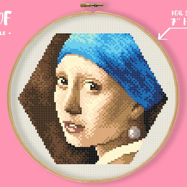 Hex-art Vermeer Girl with a Pearl Earring Cross Stitch Pattern, Hexagonal Great Artist Embroidery, Tiny Xstitch Masterpiece, Home Gallery