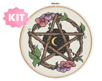 Moon Pentagram Cross Stitch Kit, Gothic Embroidery, Night Sky Moon Stars Needlepoint, Floral Wreath Witchy Xstitch, Wicca Decor