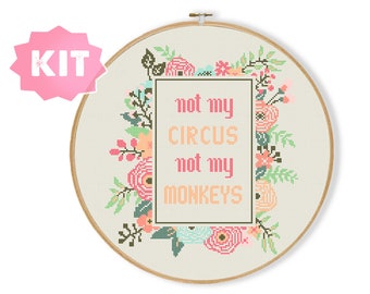 Kit de punto de cruz "Not My Circus Not My Monkeys", bordado de flores, marco de flores con cita bordada, texto divertido para decoración de pared
