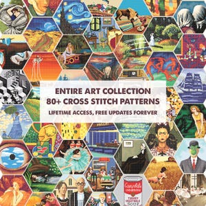 Bundel 80+ kunst kruissteekpatroon, beroemde schilderijen Fine Art meesterwerk borduurwerk Tiny Xstitch-patroon Klimt Van Gogh Monet Maggritte