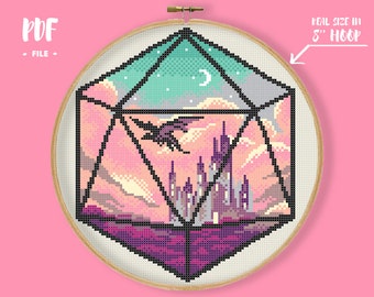 Dragon Castle Dice Cross Stitch Pattern, DdD Embroidery, Geeky Needlepoint, Nerdy DIY Wall Decor, Role Play Inspired Xstitch Mythology