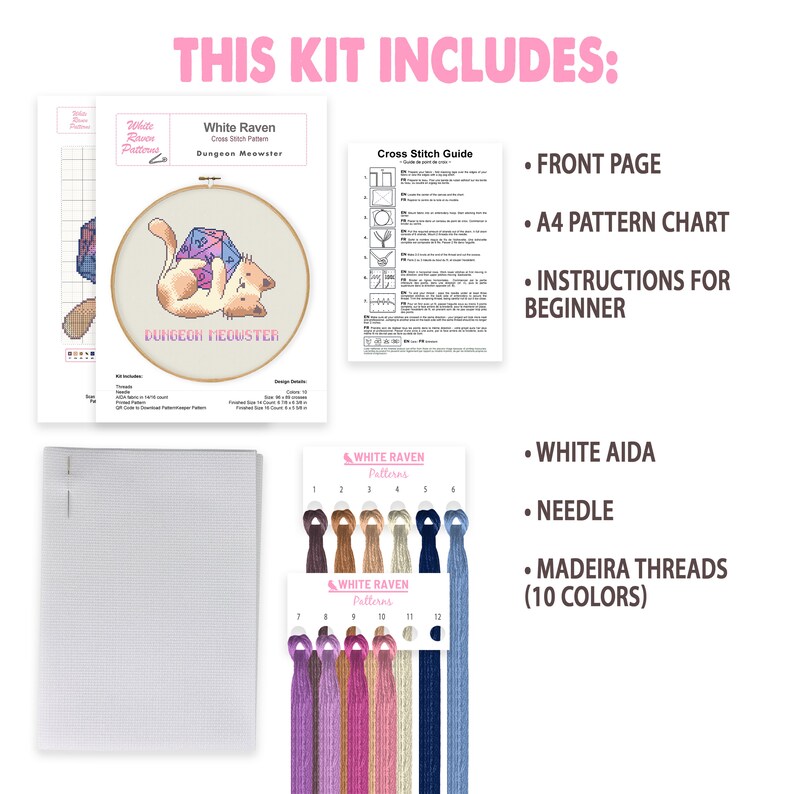 May include: Cross stitch kit featuring a cat holding a dice with the text "Dungeon Meowster". The kit includes a printed pattern chart, Aida cloth, embroidery floss, and a needle.