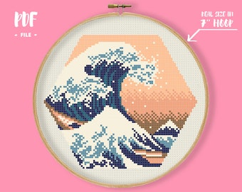Hex-art Hokusai Great Wave Cross Stitch Pattern, Hexagon Great Famous Paintings Fine Art Masterpiece Artwork Embroidery Tiny Xstitch Pattern