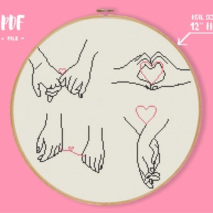 May include: Cross stitch pattern featuring four different hand gestures with hearts. The pattern is designed to fit a 12 inch hoop.