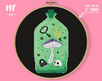 Green Witchy Jar Cross Stitch Pattern, Poison Mushroom Skulll Embroidery, Withy Gothic Halloween Decor, Goth Occult Coven Needlework VVitch