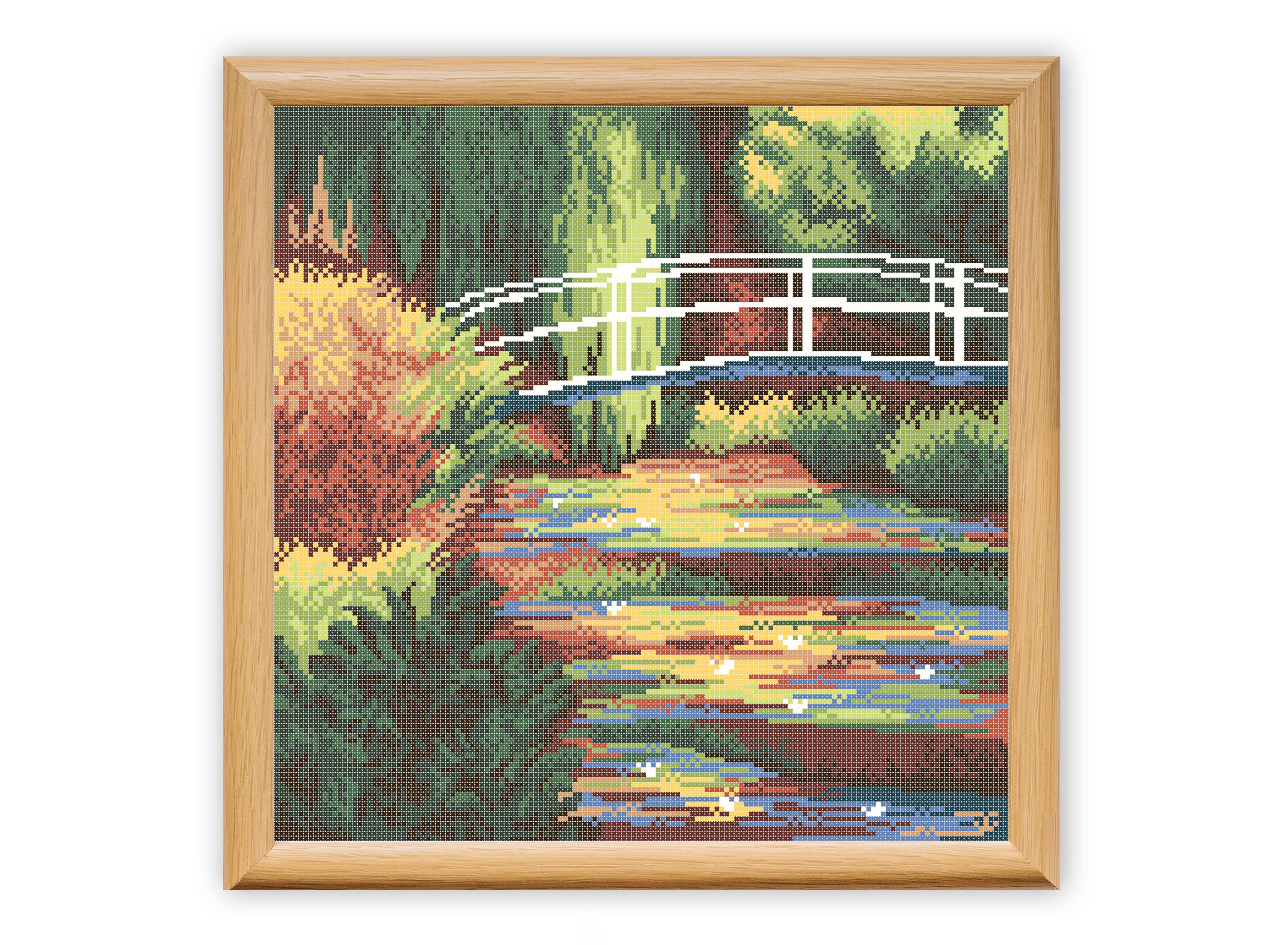 【完成品】〈睡蓮の池〉クロスステッチ モネ クロスステッチ 池 パターン pdf、モネ 刺繍 睡蓮 池 クロス