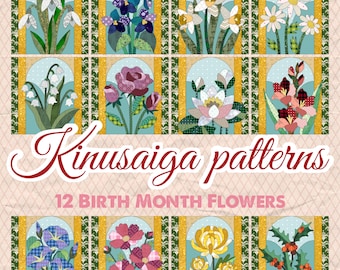 12 Birth Month Flowers Kinusaiga Patterns Set - Floral No Sew Fabric Quilt - Scrap Fabric Craft - Textile Mosaic Collage