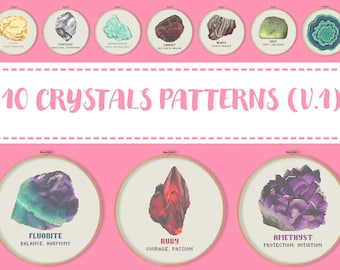 10 Patterns Set Crystals (V. 1) Cross Stitch Patterns, Amethyst Ruby Fluorite Topaz Diamant Aquamarine Garnet Agate Jade Geode Embroidery