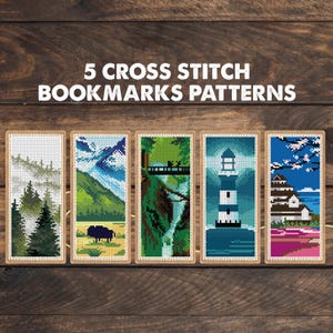 May include: Five rectangular cross stitch bookmark patterns featuring nature scenes including a forest, a bison in a field, a waterfall, a lighthouse at night, and a building with cherry blossoms. The text 5 CROSS STITCH BOOKMARKS PATTERNS is visible.