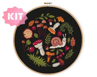 Mushrooms and Snail Cross Stitch Kit, Natural Forest Embroidery, Fairycore Needlepoint Decor, Amanita Xstitch Chart Corratecore vibe