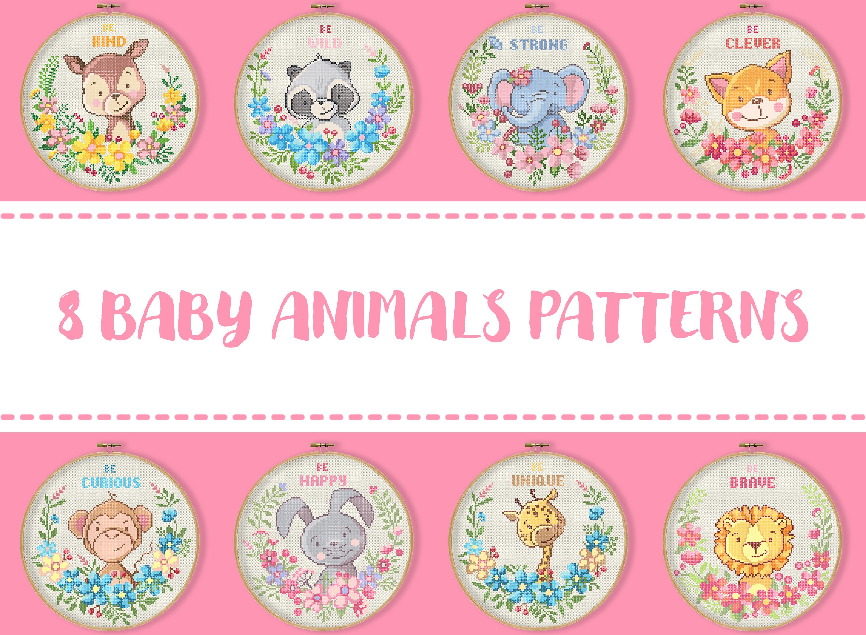8 Patterns Set Baby Animals Cross Stitch Patterns, Deer Racoon Bunny Giraffe Elephant Lion Fox Monkey Embroidery Nursery Baby Room Xstitch