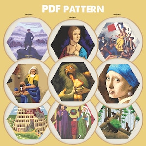 Peut inclure: Ensemble de neuf patrons de point de croix représentant des œuvres d'art célèbres, chacun dans un cercle à broder. Les motifs incluent des portraits et des scènes historiques. Le texte "PDF PATTERN" est affiché en haut.