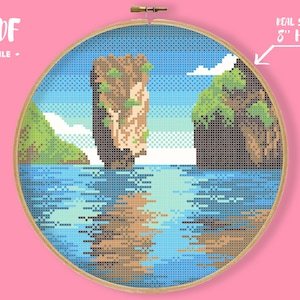 May include: Cross stitch pattern of a tropical island scene with two rock formations, one tall and thin, the other shorter and wider, surrounded by blue water. The pattern is designed to fit in an 8-inch hoop.
