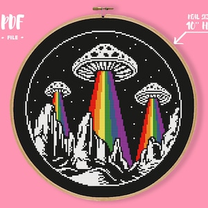 UFO Rainbow Cross Stitch Pattern, Funny Aliens Space Embroidery, I want to believe Needlepoint, Colourful Abduction Xstitch Chart