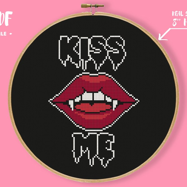 Kiss Me Cross Stitch Pattern, Vampire Gothic Embroidery, Red Lips Needlework, Vamp Goth Xstitch Halloween pattern, Easy crafts