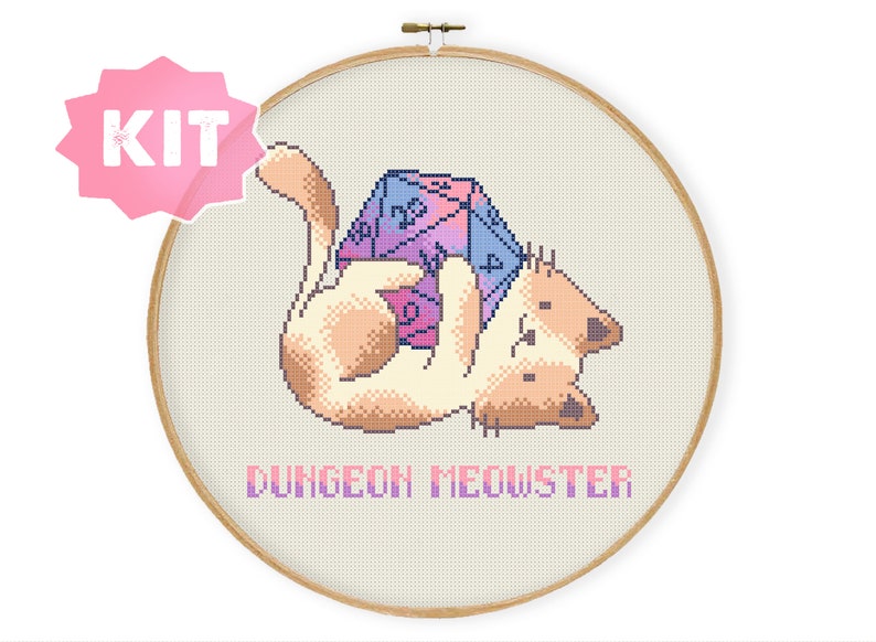 May include: A cross-stitch kit featuring a cartoon cat holding a large, multi-colored dice with the text "Dungeon Meowster".