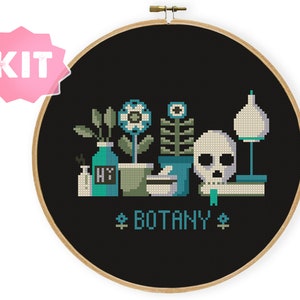 Botany Science Cross Stitch Kit, Flowers Scull Books Flask Embroidery, Botanical Scientist Present, Anatomy doctor biologist gift