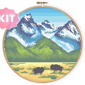 Grand Teton National Park Kreuzstichpackung, Bisons Tiere Stickerei, Natur Landschaft Berge Wald Hoop Art Decor