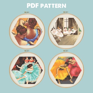 May include: A PDF pattern featuring four cross-stitch designs of ballet dancers. Each design is set within a round wooden embroidery hoop and a hexagonal shape. The designs depict dancers in various poses, with the text "PDF PATTERN" at the top.