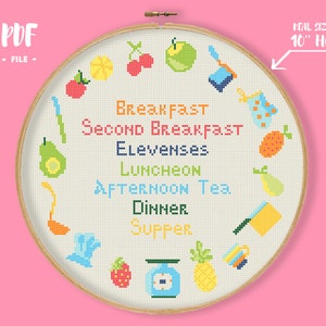 Kitchen Cross Stitch Pattern, Book Movie Quote, Fruits and Cooking Gear, Breakfast Lunch Tea Dinner Supper, Middle Earth Mealtimes