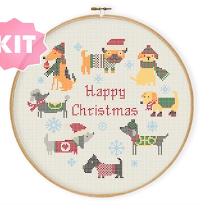 Dogs Christmas Cross Stitch Kit, Dog lover New Yea gift, Puppy Winter Snow Needlepoint Chart, funny holiday present, Happy Merry Xmas