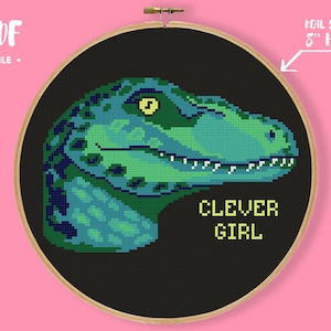 Clever Girl Cross Stitch Pattern, Velociraptor Dinosaur Jurassic Embroidery, Movie Geek Needlepoint, Feminist power women xstitch chart