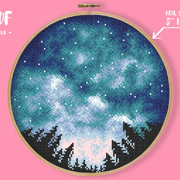 Round Starry Night Cross Stitch Pattern, Nature Forest Silhouette Starry Night Embroidery, Milky Way Aurora Needlepoint, Tree Xstitch