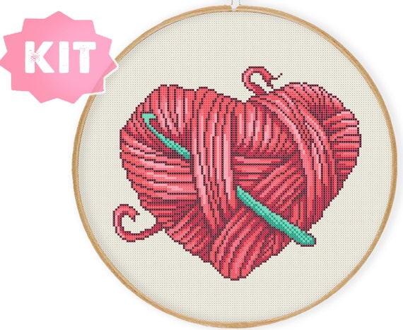Kit Punto de Cruz: Corazón de Flores - Mercería el hilo rojo Hilo, gráfico,  tela, aguja incluido