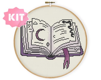 Witch Book Cross Stitch Kit, Spell Witchcraft Embroidery, Wizard Decor Needlepoint, Celestial Magic Xstitch Book Goth Wall DIY