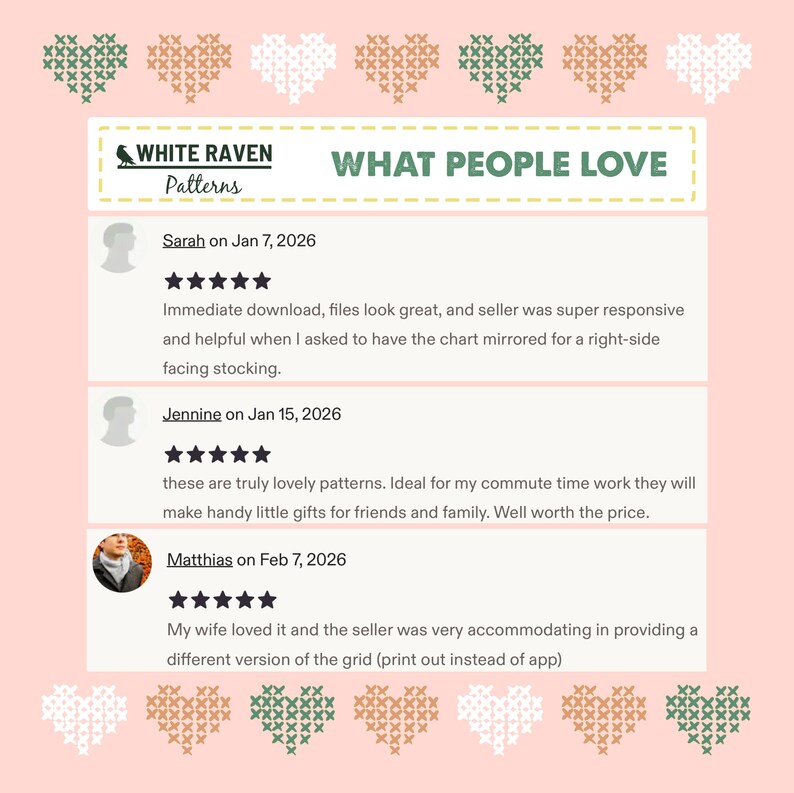 以下が含まれることがあります： 「White Raven Patterns」の顧客レビューが掲載されたピンク色のグラフィック。 「WHAT PEOPLE LOVE」というテキストがレビューの上に表示され、星評価とコメントが含まれています。