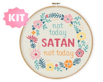 Inte idag Satan Korsstygnskit, Blomkrans roligt citat Nålstickskit, roligt ironiskt sarkastiskt blommigt inspirerande broderi