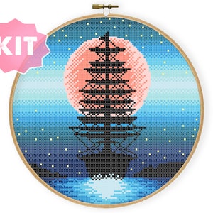 Night Moon Ship Cross Stitch Kit, Old Ship Sea Night Embroidery, Pirates Pink Moon Needlework, Marine Ship Silhouette Xstitch Chart