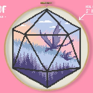 Dragon Dice 1 Cross Stitch Pattern, D20 Dice Silhouette Embroidery, Flying Dragon Forest Nature Needlework, DnD Xstitch Fantastic Beast