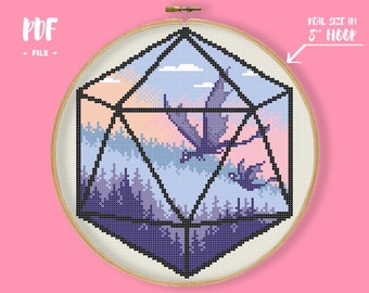 Dragon Dice 1 Cross Stitch Pattern, D20 Dice Silhouette Embroidery, Flying Dragon Forest Nature Needlework, DnD Xstitch Fantastic Beast
