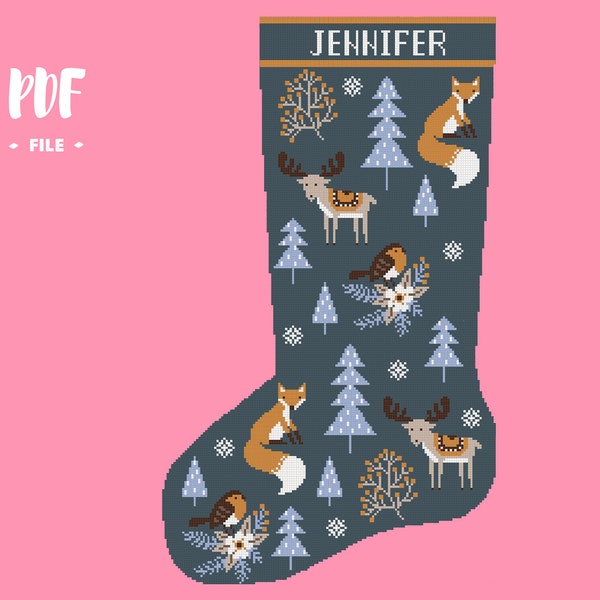 Skarpeta świąteczna 45 Wzór haftu krzyżykowego, Wigilia Świętego Mikołaja Haft DIY, Skarpety personalizowane imieniem, Xstitch Sampler Zima