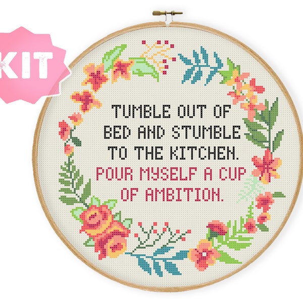 A Cup Of Ambition Cross Stitch Kit, Funny Embroidery, Coffee Lover Gift, Song Quote Needlepoint, Funny Motivational Quote Xstitch