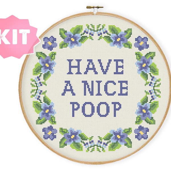 Have a nice Poop Cross Stitch Kit, Bathroom Embroidery, Funny toilet joke, Housewarming gift humor floral wreath DIY easy home decor