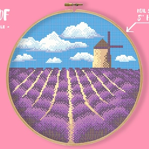 Peut inclure: Modèle de point de croix d'un champ de lavande avec un moulin à vent en arrière-plan. Le motif est conçu pour s'adapter à un cercle de 8 pouces.