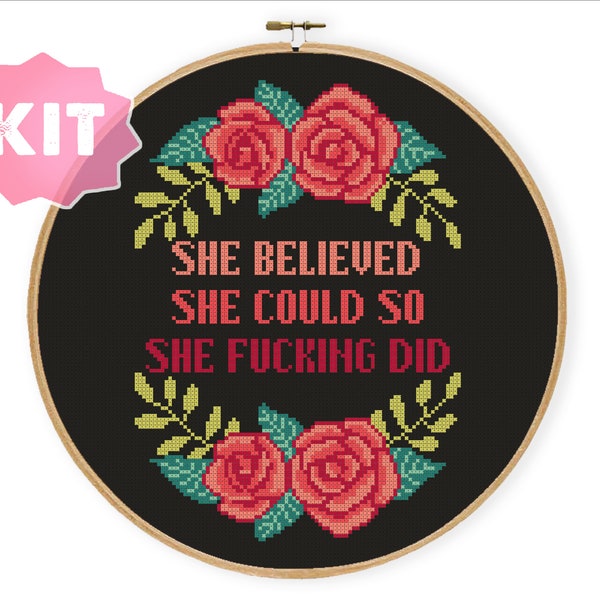 She Believed She Could So She Did Cross Stitch Kit, Inspirational Quote Embroidery, Red Rose Border text, Feminism Needlepoint