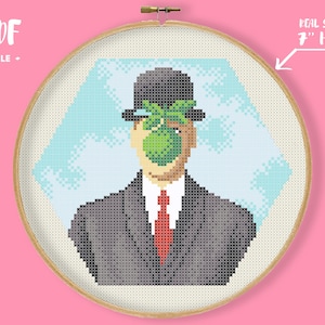 Hex-art Magritte Son of Man Cross Stitch Pattern, Masterpiece Embroidery, Famous Artwork Gallery Needlework, Modern Art Xstitch Painting
