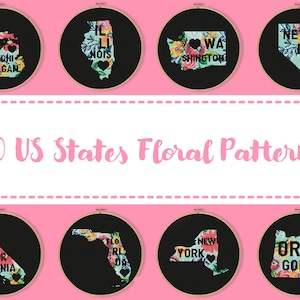 Alle 50 US States Cross Stitch Patterns, Floral Your Home State Map Borduurwerk, Housewarming DIY California, Texas, Michigan Illinois Xstitch