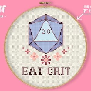 DnD Dice Eat Crit Cross Stitch Pattern, Dungeons and dragons embroidery, D20 gamer gift Geek nerd game modern chart rpg xstitch