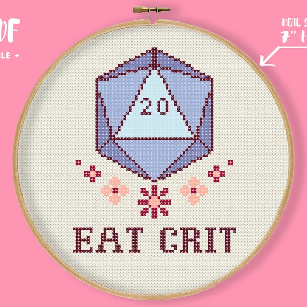 DnD Dice Eat Crit Cross Stitch Pattern, Dungeons and dragons embroidery, D20 gamer gift Geek nerd game modern chart rpg xstitch