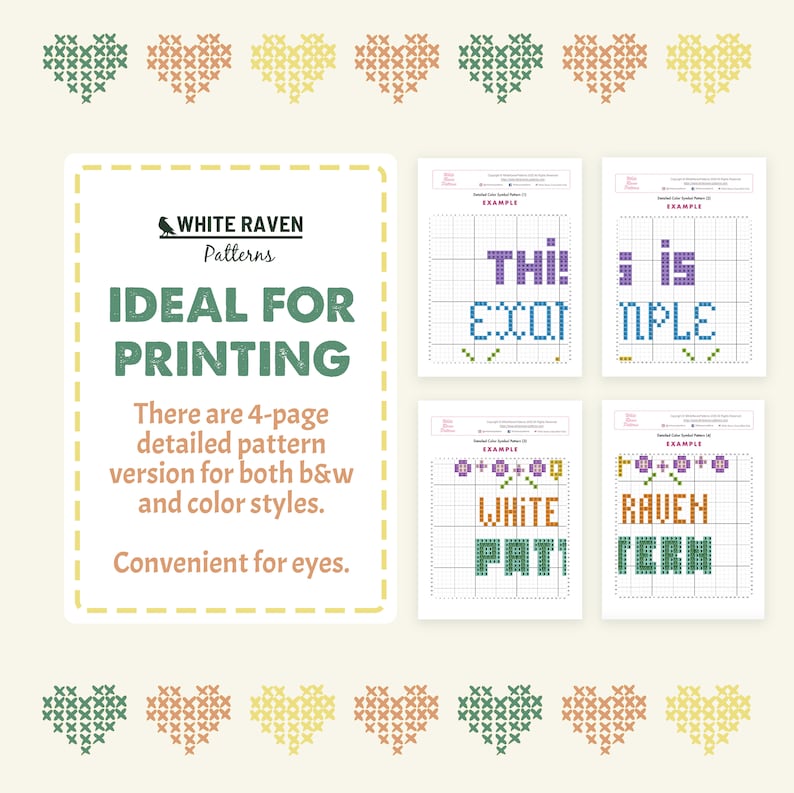 May include: A collection of cross-stitch patterns with the text "WHITE RAVEN Patterns" and "IDEAL FOR PRINTING". The image includes examples of cross-stitch projects and heart-shaped designs in various colors.