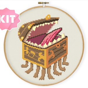 Kit de ponto cruz Hungry Chest, bordado Mimic dnd, bordado literário, gráfico Geeky Xstitch, ideia de artesanato para jogadores de RPG, decoração de parede