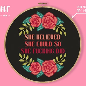 Credeva di poterlo fare, quindi ha fatto schema punto croce, ricamo con citazione ispiratrice, testo bordo rosa rossa, ricamo ad ago femminismo, per lei