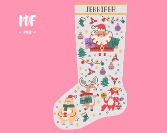 Christmas Stocking 24 Cross Stitch Pattern, Santa Christmas Eve Embroidery DIY, Stockings customizable with name, Xstitch Sampler Winter