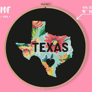 Padrão de Ponto Cruz Floral do Estado do Texas, Bordado do Mapa dos EUA, Presente de boas-vindas "Eu amo o Texas", Decoração do Texas, Presente para quem nasceu no Texas, formato do estado dos EUA